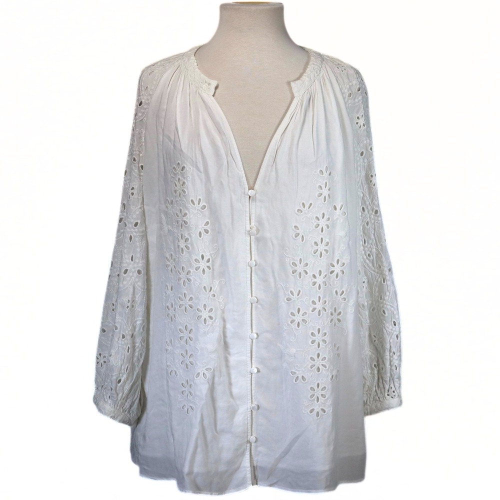 Johnny Was Jade Blouse Womens Large White Eyelet Embroidered Boho Top Casual